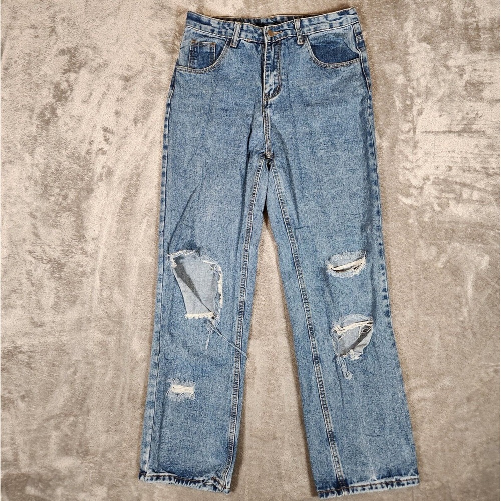 Shein Jeans Women's‎ 31X30 Medium Straight Leg High-Rise Distressed Blue Ripped